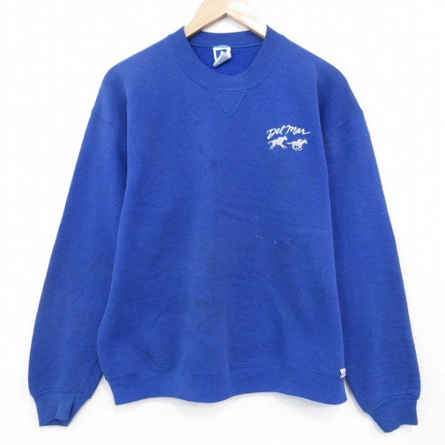 L★古着 ラッセル 長袖 スウェット メンズ 90年代 90s 馬 クルーネック USA製 青 26jan13
