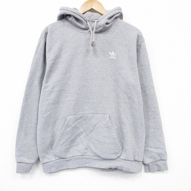 L★古着 アディダス adidas 長袖 スウェット パーカー メンズ ワンポイントロゴ リーフ トレフォイル 薄グレー 霜降り 26jan26