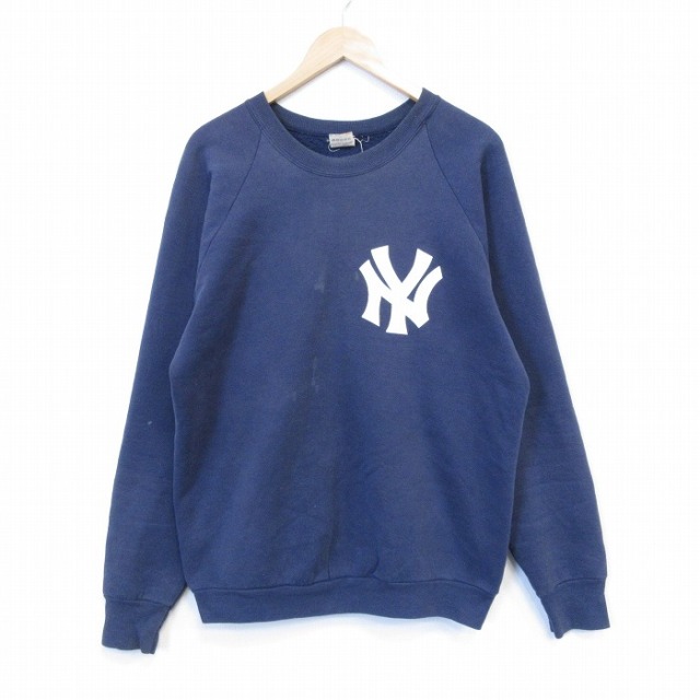 L★古着 フルーツオブザルーム 長袖 スウェット メンズ 80年代 80s MLB ニューヨークヤンキース ラグラン クルーネック USA製 紺 メジャーリーグ ベースボール 野球 26feb06