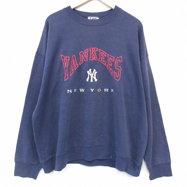 XL★古着 リー Lee 長袖 スウェット メンズ 90年代 90s MLB ニューヨークヤンキース 刺繍 大きいサイズ クルーネック USA製 薄紺 26feb02