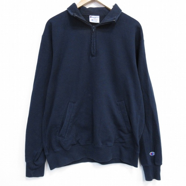 XL★古着 チャンピオン champion 長袖 ハーフジップ スウェット メンズ ワンポイントロゴ 紺 26feb04