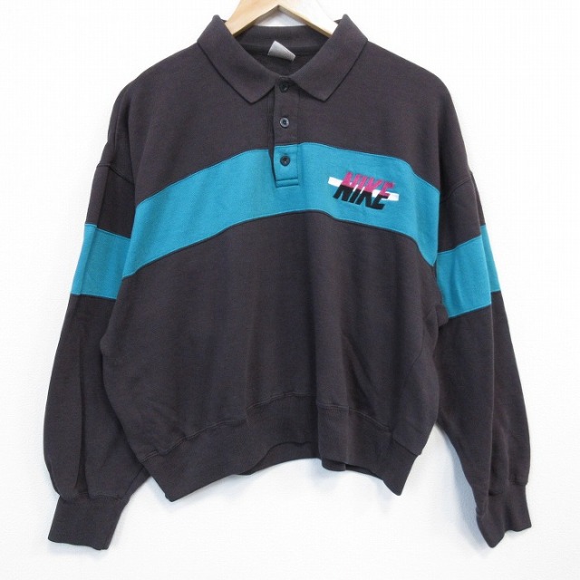 XL★古着 ナイキ NIKE 長袖 スウェット メンズ 90年代 90s ワンポイントロゴ 襟付き 黒 26feb04