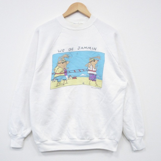 L★古着 ジャージーズ 長袖 スウェット メンズ 80年代 80s トナカイ ラグラン クルーネック USA製 白 26feb05