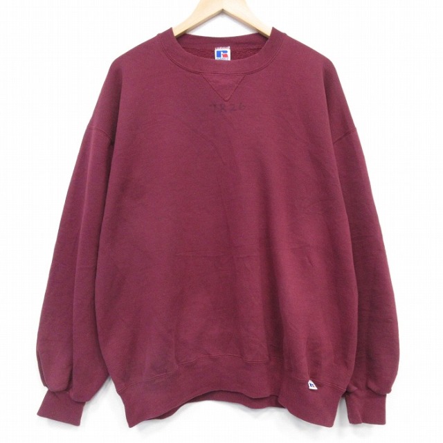 XL★古着 ラッセル 長袖 スウェット メンズ 90年代 90s 無地 大きいサイズ クルーネック USA製 エンジ【spe】 26feb05