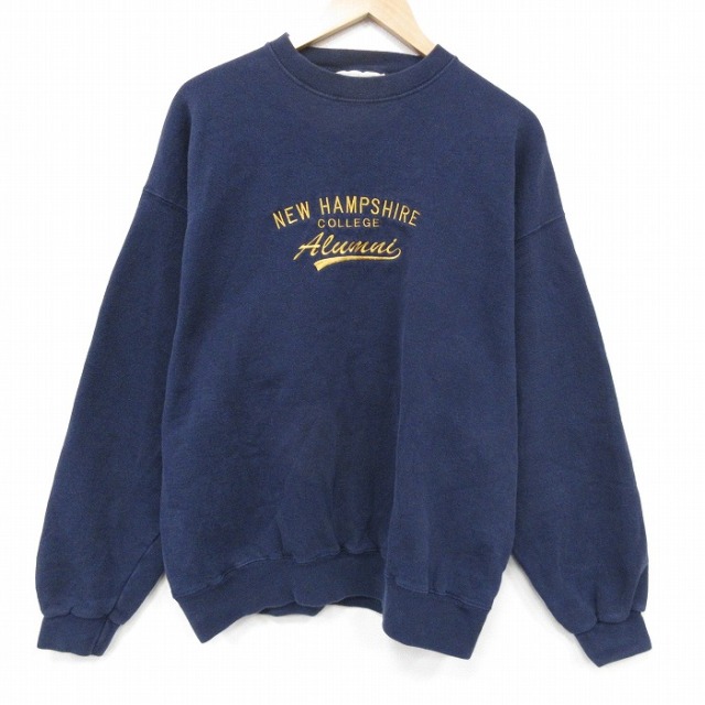 XL★古着 長袖 スウェット メンズ 90年代 90s ニューハンプシャー 刺繍 クルーネック USA製 紺 26feb10