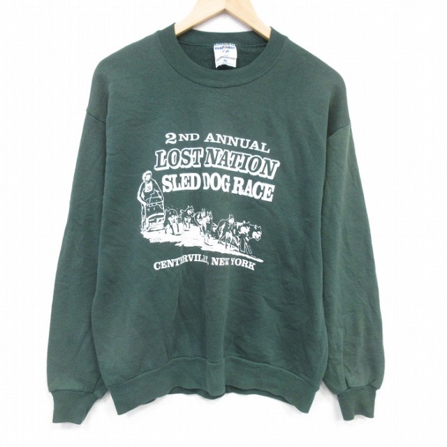 M★古着 ジャージーズ 長袖 スウェット メンズ 90年代 90s 犬ゾリ クルーネック USA製 濃緑 26feb10