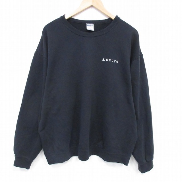 XL★古着 ジャージーズ 長袖 スウェット メンズ 00年代 00s デルタ航空 大きいサイズ クルーネック 黒 26feb14