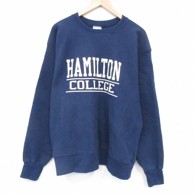 XL★古着 長袖 スウェット メンズ 90年代 90s ハミルトン 大きいサイズ クルーネック USA製 紺 26feb14