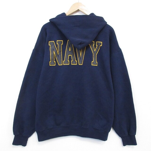 XL★古着 長袖 スウェット パーカー メンズ 90年代 90s ミリタリー ネイビー NAVY リフレクター 大きいサイズ USA製 紺 26feb18