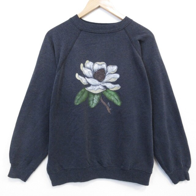 L★古着 ヘインズ 長袖 スウェット メンズ 90年代 90s 花 ハンドペイント ラグラン クルーネック USA製 黒【spe】 26feb18