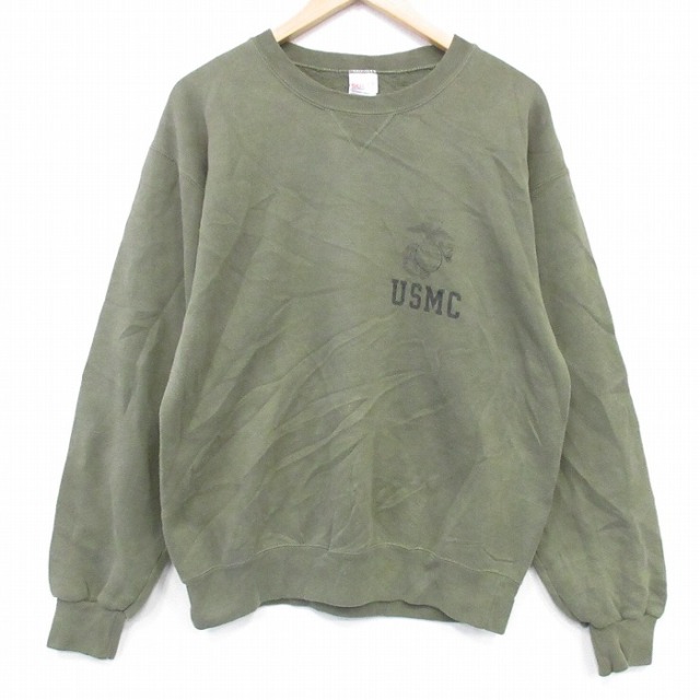 L★古着 長袖 スウェット メンズ 90年代 90s ミリタリー USMC クルーネック USA製 薄緑 26feb19