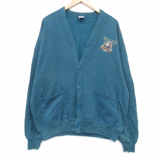 XL★古着 ジャージーズ 長袖 スウェット カーディガン メンズ 90年代 90s MAINE USA製 青緑 26feb19