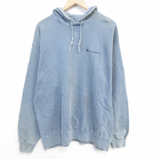 XL★古着 チャンピオン champion 長袖 スウェット パーカー メンズ 90年代 90s ワンポイントロゴ USA製 薄紺 26feb20