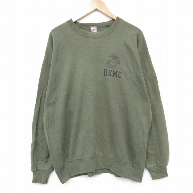 XL★古着 長袖 スウェット メンズ 90年代 90s ミリタリー USMC クルーネック USA製 緑 26feb20