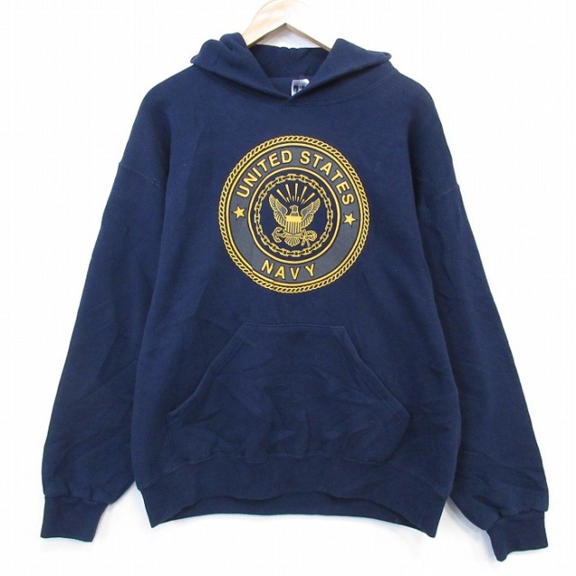 XL★古着 長袖 スウェット パーカー メンズ 90年代 90s USネイビー リフレクタークルーネック USA製 紺 26feb21