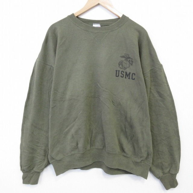 XL★古着 長袖 スウェット メンズ 90年代 90s ミリタリー USMC 大きいサイズ クルーネック USA製 薄緑 26feb21
