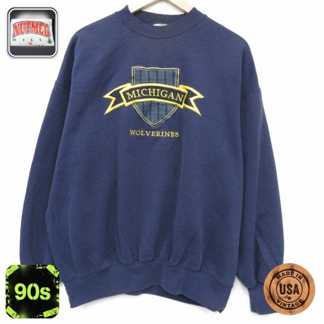 【50%OFF】90s 長袖スウェット ミシガン刺繍 ネイビー XL | 古着