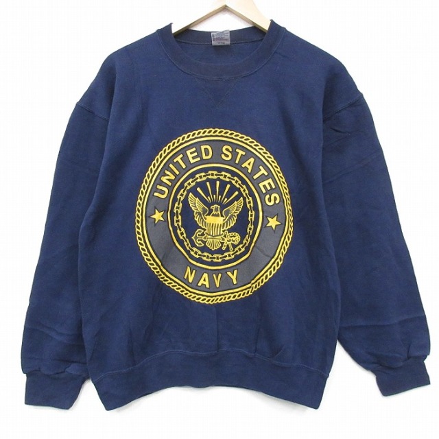 M★古着 長袖 スウェット メンズ 90年代 90s ミリタリー USネイビー リフレクタークルーネック USA製 薄紺 26feb26