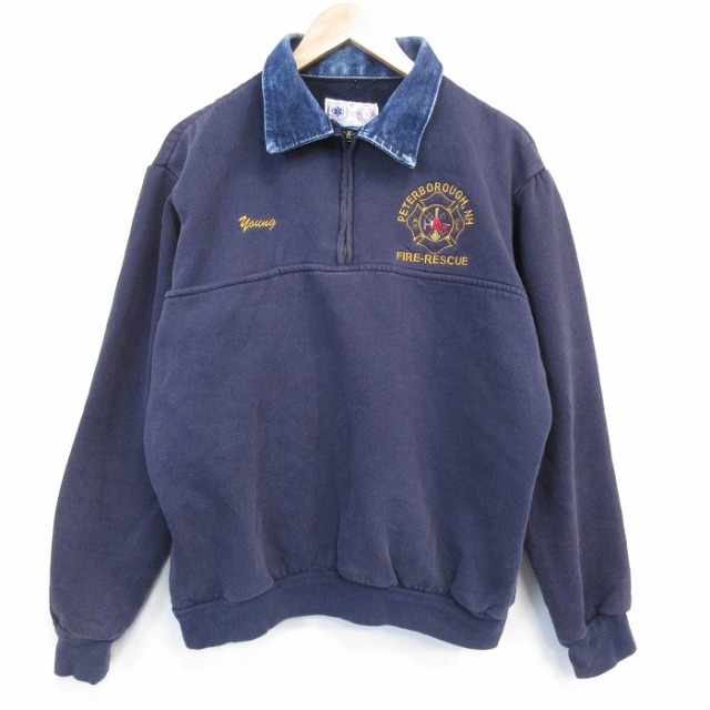 XL★古着 長袖 ハーフジップ スウェット メンズ 90年代 90s 消防署 襟付きヒジ当て USA製 紺 26feb27