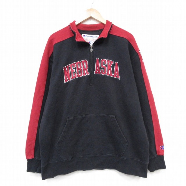 チャンピオン 00s ハーフジップスウェット ネブラスカ ブラック XL | 古着