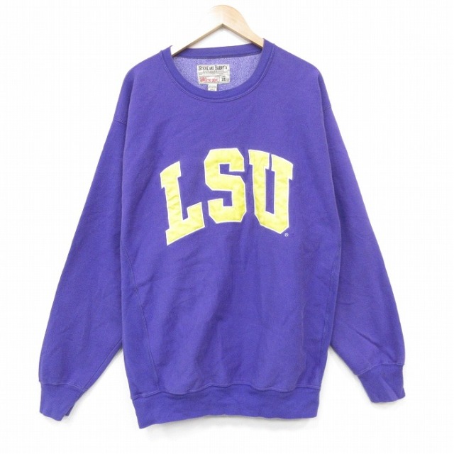 XL★古着 STEVE&BARRYS 長袖 スウェット メンズ LSU 刺繍 大きいサイズ クルーネック 紫 26feb28