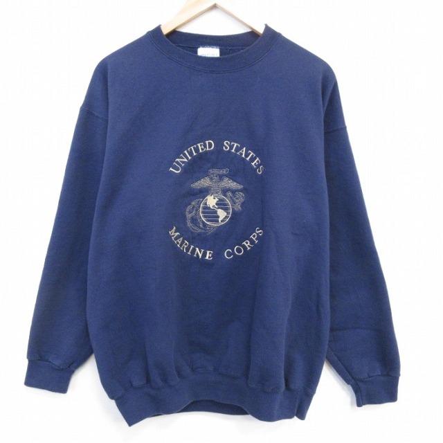 00s ミリタリークルーネックスウェット USMC 刺繍 ネイビー XL | 古着