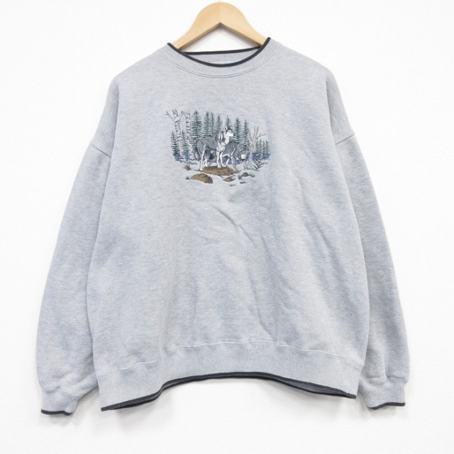 00s 長袖スウェット オオカミ刺繍 グレー XL | 古着