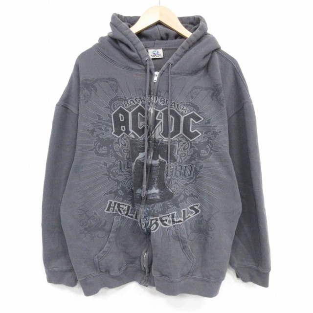XL★古着 リキッドブルー 長袖 ロック バンド フルジップ スウェット パーカー メンズ AC/DC 大きいサイズ 濃グレー【spe】 26mar02