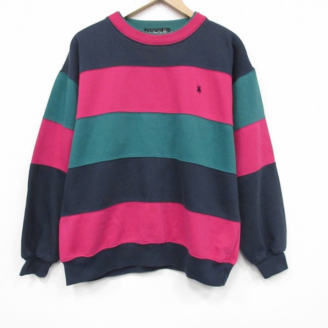 【20%OFF】90s 長袖スウェット ワンポイントロゴ グリーンボーダー L | 古着