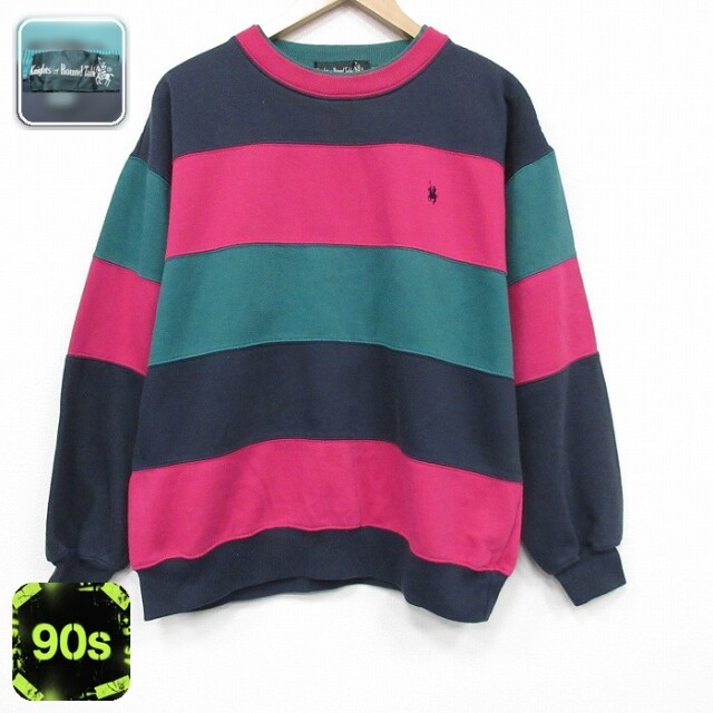 【50%OFF】90s 長袖スウェット ワンポイントロゴ グリーンボーダー L | 古着