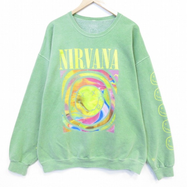 XL★古着 長袖 ロック バンド スウェット メンズ ニルバーナ ニルヴァーナ 大きいサイズ クルーネック 薄緑 26mar07