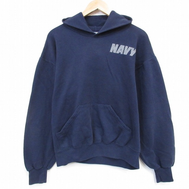 L★古着 長袖 スウェット パーカー メンズ ク00年代 00s ミリタリー ネイビー NAVY リフレクター クルーネック USA製 紺 26mar07