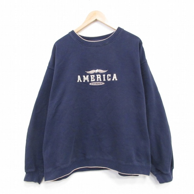 XL★古着 長袖 スウェット メンズ 00年代 00s アメリカ 刺繍 大きいサイズ クルーネック 紺 26mar13