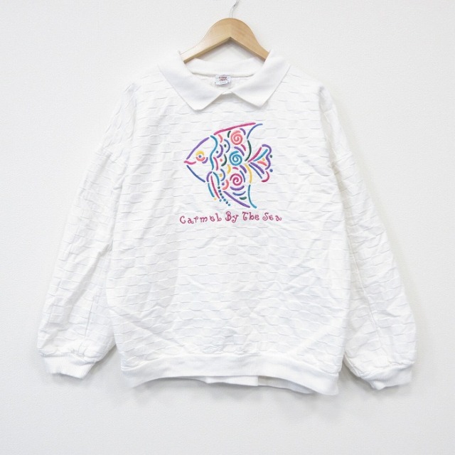 90s 長袖スウェット 魚刺繍 ホワイト XL | 古着
