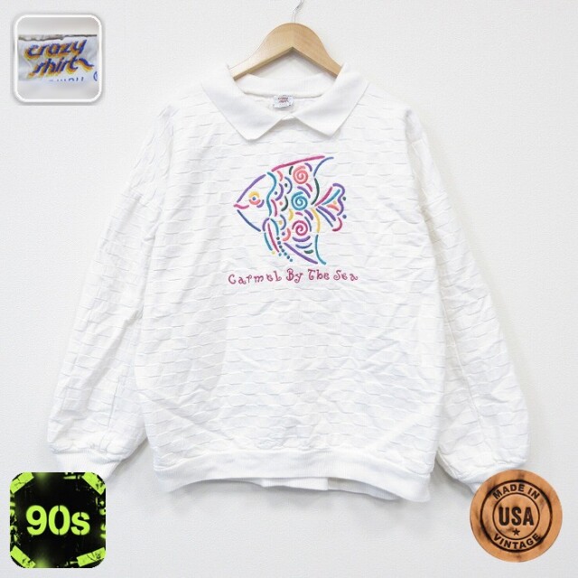 【50%OFF】90s 長袖スウェット 魚刺繍 ホワイト XL | 古着