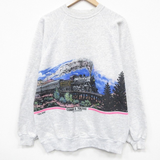 XL★古着 ヘインズ 長袖 スウェット メンズ 90年代 90s 汽車 ラグラン クルーネック 薄グレー他 霜降り【spe】 26mar25