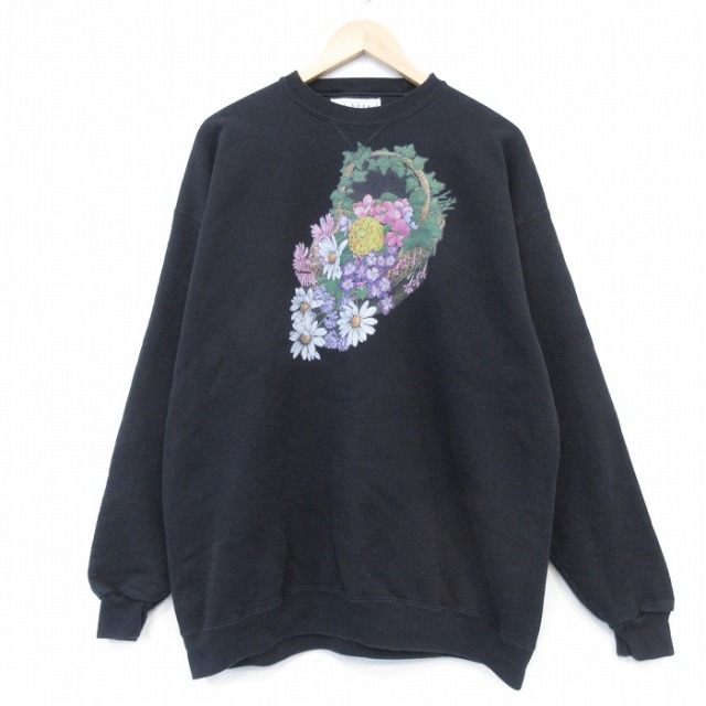 90s 長袖スウェット 花 ブラック メンズXL相当 | 古着