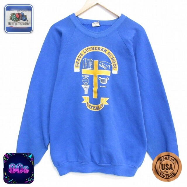 【20%OFF】フルーツオブザルーム 80s 長袖スウェット 十字架 ブルー メンズL相当 | 古着