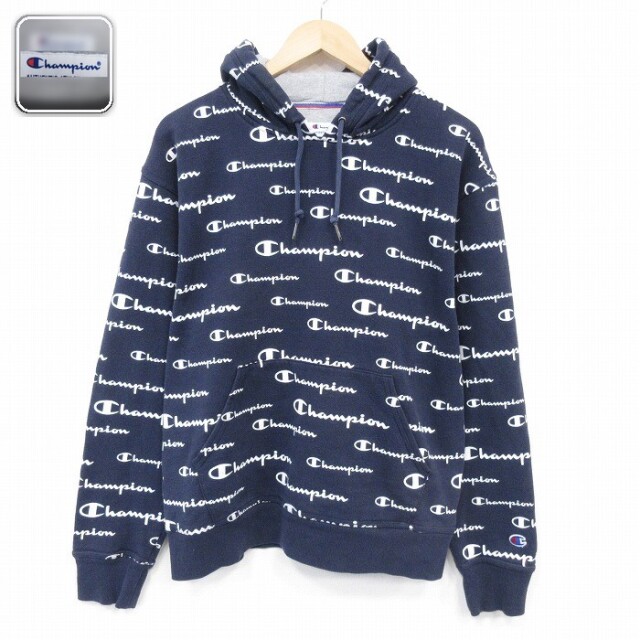【20%OFF】チャンピオン 長袖スウェットパーカー 総柄 ネイビー メンズL相当 | 古着