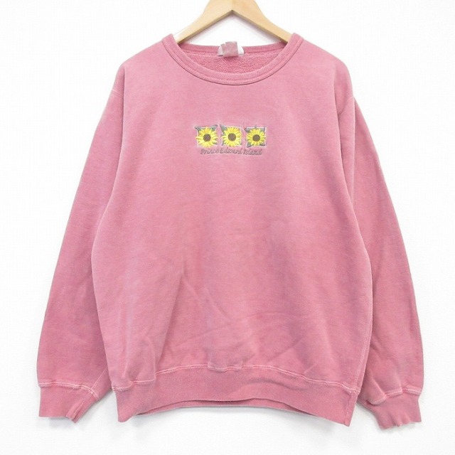 90s 長袖スウェット ヒマワリ刺繍 ピンク メンズXL相当 | 古着