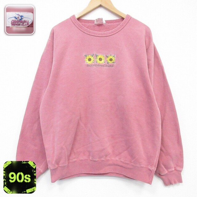 【20%OFF】90s 長袖スウェット ヒマワリ刺繍 ピンク メンズXL相当 | 古着
