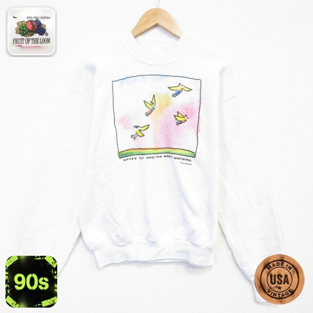 【20%OFF】フルーツオブザルーム 90s 長袖スウェット WOMEN FLY ホワイト メンズM相当 | 古着