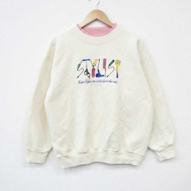 90s 長袖スウェット ハサミ刺繍 ホワイト メンズL相当 | 古着