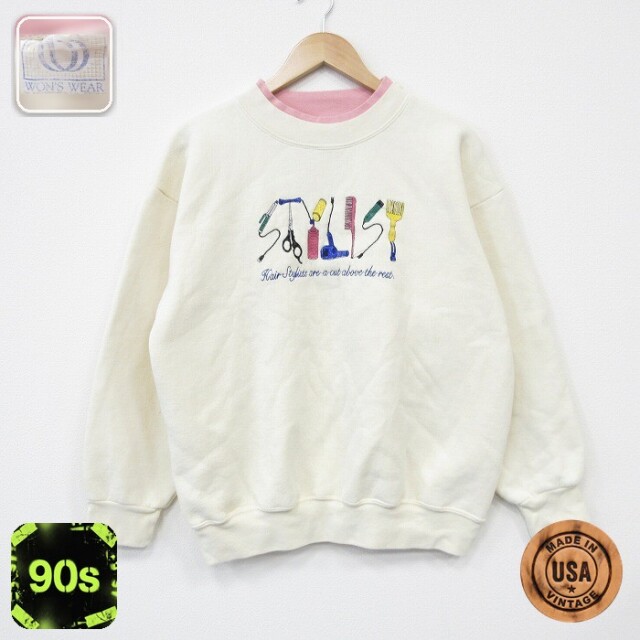 【20%OFF】90s 長袖スウェット ハサミ刺繍 ホワイト メンズL相当 | 古着