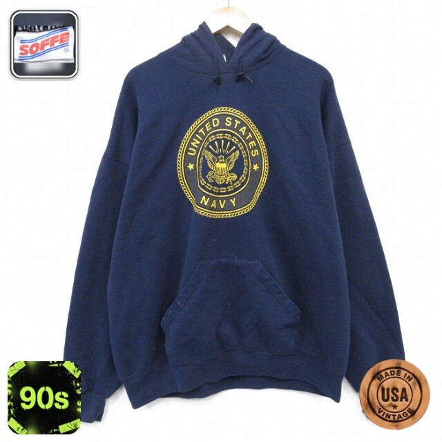 【20%OFF】90s 長袖スウェットパーカー ミリタリー リフレクター ネイビー メンズXL相当 | 古着