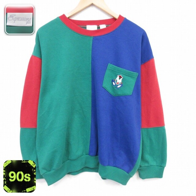 【20%OFF】90s 長袖スウェット マルチカラー グリーン メンズXL相当 | 古着