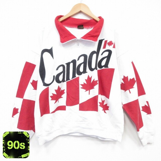 【20%OFF】カナダ国旗 90s 長袖ハーフジップスウェット ホワイト メンズXL相当 | 古着