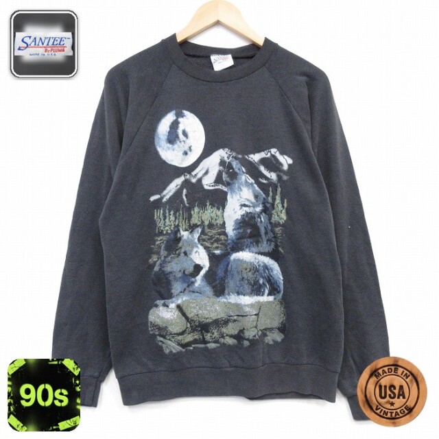 【20%OFF】90s ラグランスウェット オオカミ ブラック メンズM相当 | 古着