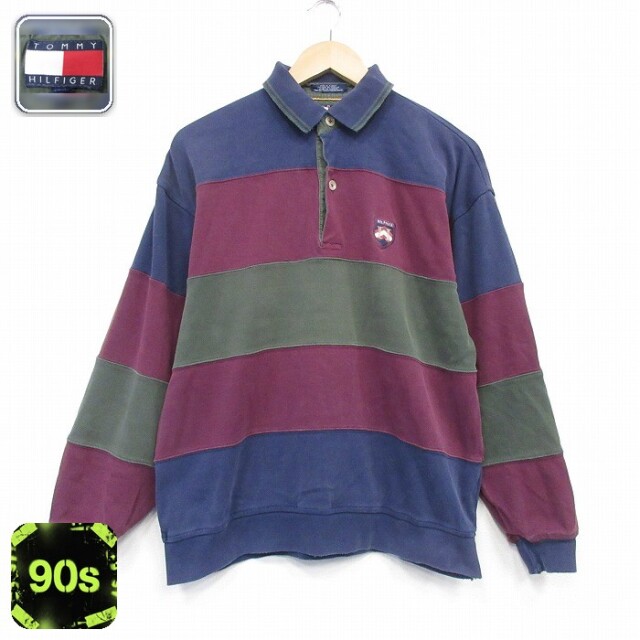 【20%OFF】トミーヒルフィガー 90s 長袖スウェット ワンポイントロゴ バーガンディボーダー メンズL相当 | 古着