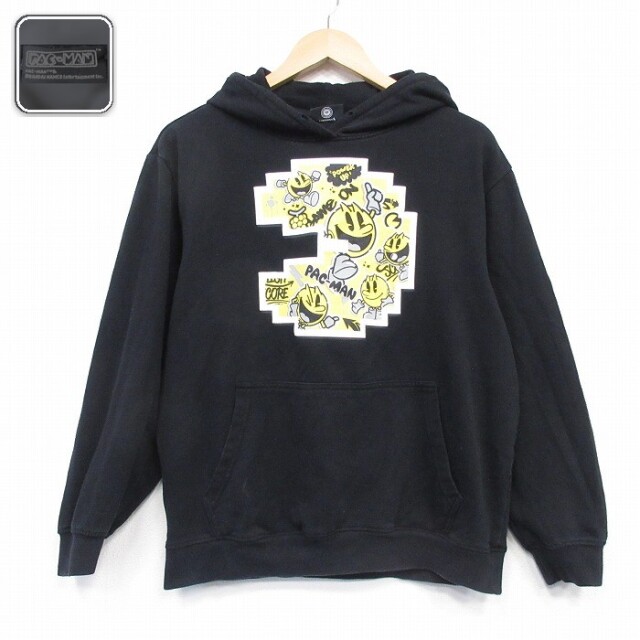 【20%OFF】パックマン 長袖スウェットパーカー ブラック メンズL相当 | 古着